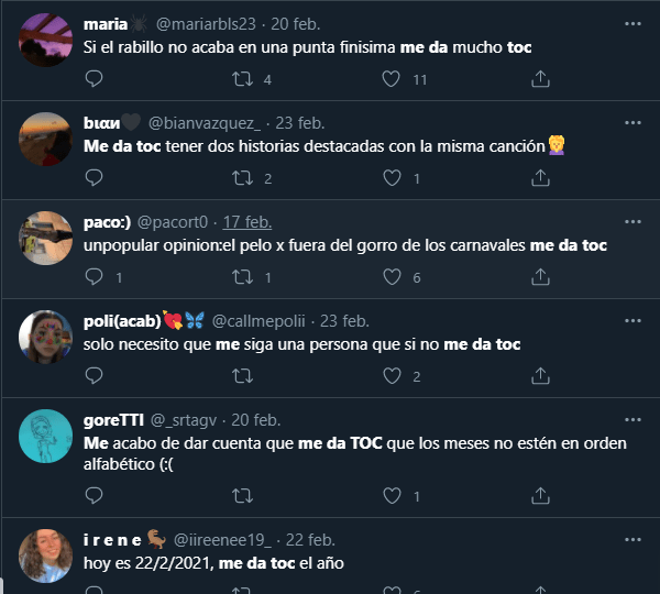 Captura de varios tweets que utilizan la frase "me da toc"
